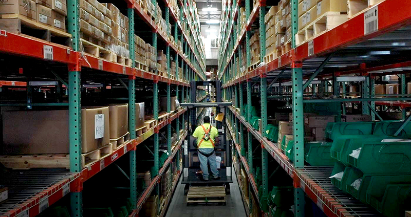 Aisles of product at the Endries Brillion warehouse