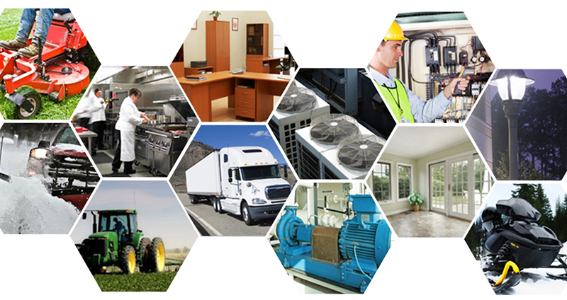 Hexagon grid with photos of a man riding a lawn mower, metal gas stove, office desk and chair, medical bed, living room, snow plow, shipping truck, farming equipment and pipes